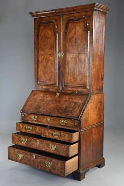 Superb English 18thc burr walnut bureau bookcase with original patina