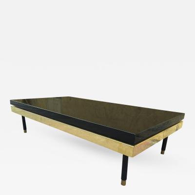 Superb Italian Black Lacquered Big Coffee Table with a Gold Metal Apron