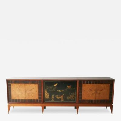 Superb Italian Six Door Mixed Wood and Chinoiserie Buffet