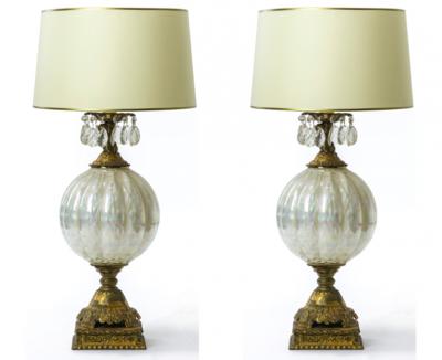 Superb mother of pearl glass pair of gold and crystal lamp