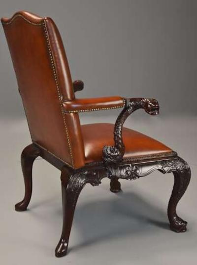 Superb quality George II style mahogany Gainsborough leather open armchair