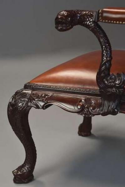 Superb quality George II style mahogany Gainsborough leather open armchair