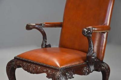 Superb quality George II style mahogany Gainsborough leather open armchair