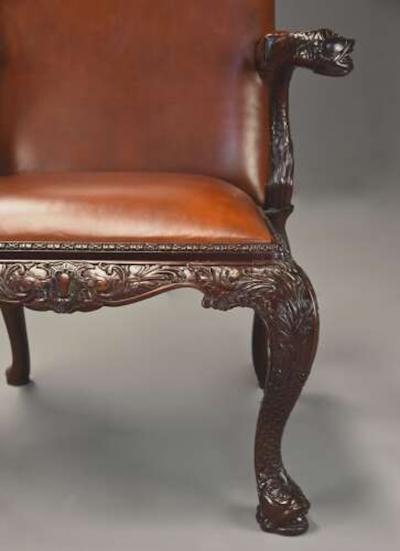 Superb quality George II style mahogany Gainsborough leather open armchair
