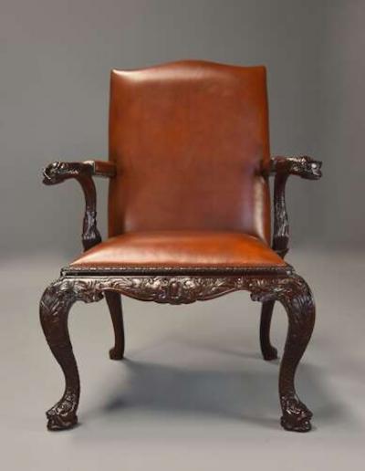 Superb quality George II style mahogany Gainsborough leather open armchair