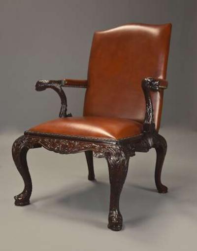Superb quality George II style mahogany Gainsborough leather open armchair