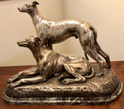 Suzanne Bizard Art Deco Greyhound Dogs Bronze Sculpture by S Bizard