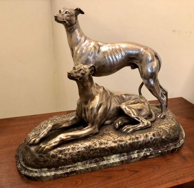 Suzanne Bizard Art Deco Greyhound Dogs Bronze Sculpture by S Bizard