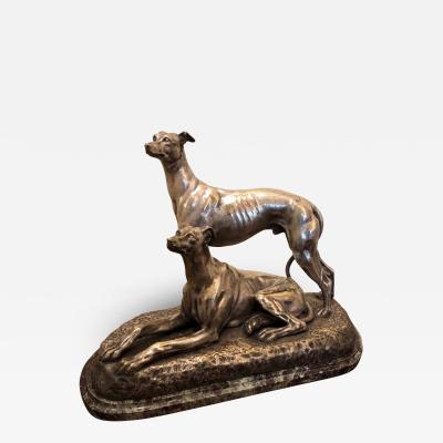 Suzanne Bizard Art Deco Greyhound Dogs Bronze Sculpture by S Bizard