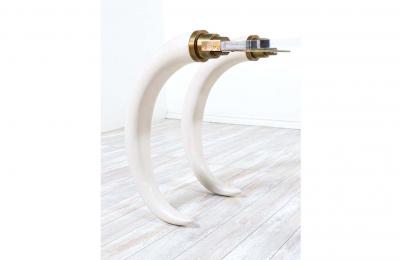 Suzanne Dahl and Jerry Barich 1970s Modernist Faux Elephant Tusk Brass Lucite Console Table