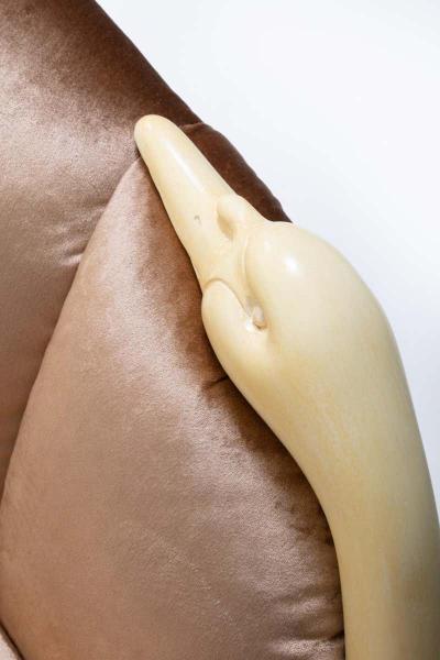 Suzanne Geismar Suzanne Geismar Swan Leda Lounge Chairs in Mink Velvet and Ivory Parchment Swans