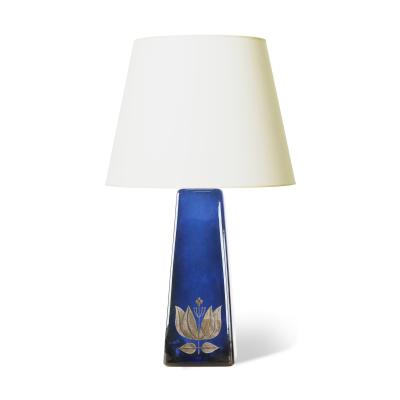 Sven Jonson Pair of Table Lamps in Blue Glaze With Silver Inlay Floral Motifs by Sven Jonson