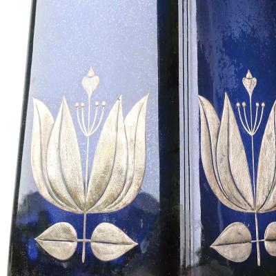 Sven Jonson Pair of Table Lamps in Blue Glaze With Silver Inlay Floral Motifs by Sven Jonson