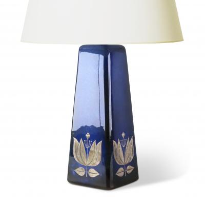 Sven Jonson Pair of Table Lamps in Blue Glaze With Silver Inlay Floral Motifs by Sven Jonson