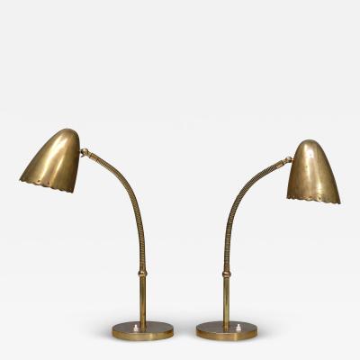 Svend Aage Holm S rensen Pair of Danish Modern Brass Table Lamps with Adjustable Shades 1940s