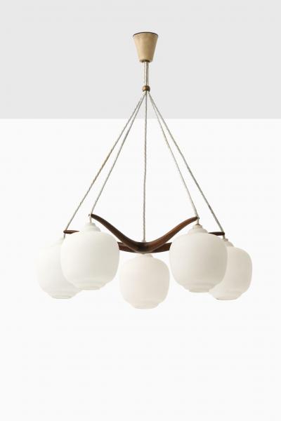 Svend Aage Madsen Rare Ceiling Lamp in Opaline Glass and Walnut 1950s