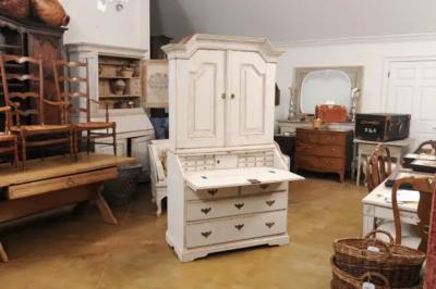 Swedish 1770s Baroque Period Light Gray Painted Secretary with Slant Front Desk