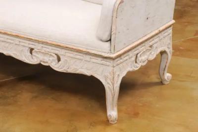Swedish 1780s Rococo Painted Tr gsoffa with Carved Apron and Upholstery