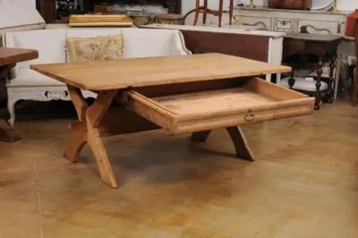 Swedish 1790s European Pine Sawbuck Table with Drawer and Double X Form Legs