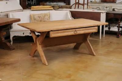 Swedish 1790s European Pine Sawbuck Table with Drawer and Double X Form Legs