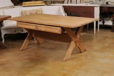 Swedish 1790s European Pine Sawbuck Table with Drawer and Double X Form Legs