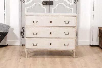 Swedish 1790s Gustavian Period Painted Three Drawer Chest with Carved Feet