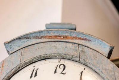 Swedish 1790s Long Case Mora Clock with Blue Gray Paint and Carved Crest