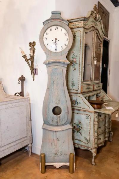 Swedish 1790s Long Case Mora Clock with Blue Gray Paint and Carved Crest