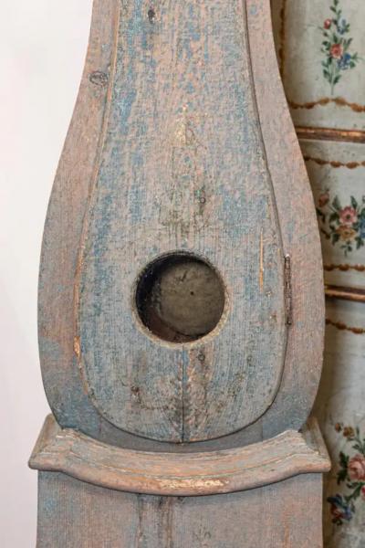 Swedish 1790s Long Case Mora Clock with Blue Gray Paint and Carved Crest