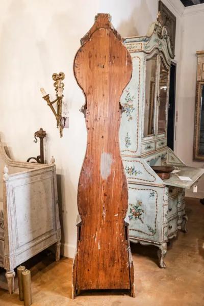 Swedish 1790s Long Case Mora Clock with Blue Gray Paint and Carved Crest