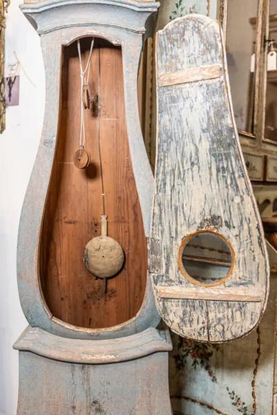 Swedish 1790s Long Case Mora Clock with Blue Gray Paint and Carved Crest