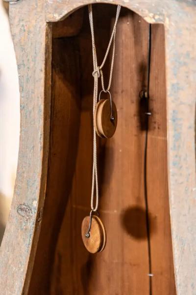 Swedish 1790s Long Case Mora Clock with Blue Gray Paint and Carved Crest