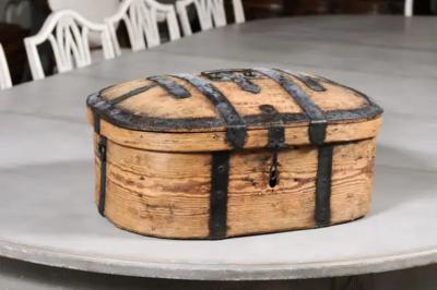 Swedish 1790s Rustic Oval Top Wooden Box with Iron Accents and Distressed Patina