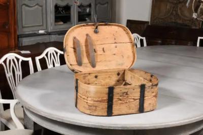 Swedish 1790s Rustic Oval Top Wooden Box with Iron Accents and Distressed Patina