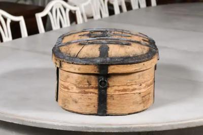 Swedish 1790s Rustic Oval Top Wooden Box with Iron Accents and Distressed Patina