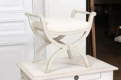 Swedish 1830s Empire Style Painted and Upholstered Stool with Spindle Arms