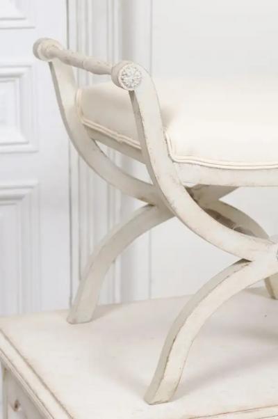 Swedish 1830s Empire Style Painted and Upholstered Stool with Spindle Arms