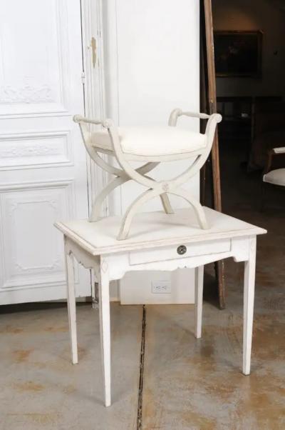 Swedish 1830s Empire Style Painted and Upholstered Stool with Spindle Arms