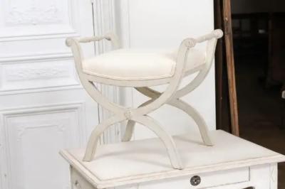 Swedish 1830s Empire Style Painted and Upholstered Stool with Spindle Arms
