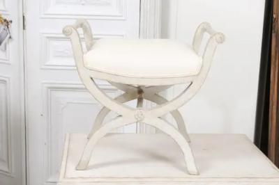 Swedish 1830s Empire Style Painted and Upholstered Stool with Spindle Arms