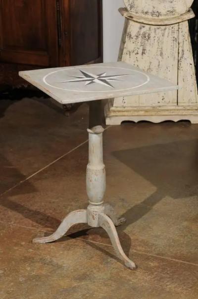 Swedish 1850s Grey Painted Gu ridon Pedestal Side Table with Wind Rose Motif