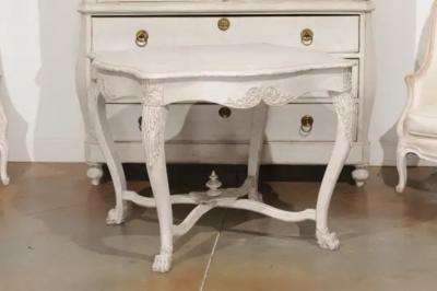 Swedish 1850s Painted Center Table with Carved Volutes and Cross Stretcher