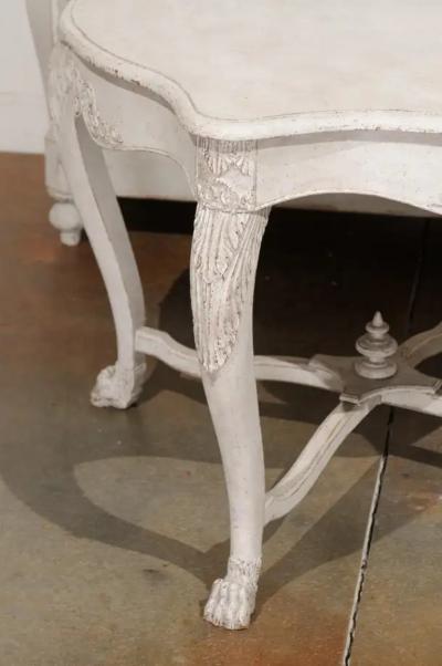 Swedish 1850s Painted Center Table with Carved Volutes and Cross Stretcher
