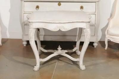 Swedish 1850s Painted Center Table with Carved Volutes and Cross Stretcher