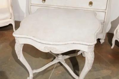 Swedish 1850s Painted Center Table with Carved Volutes and Cross Stretcher
