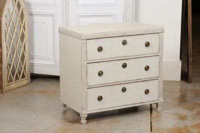 Swedish 1865 Neoclassical Style Painted Three Drawer Chest with Guilloches