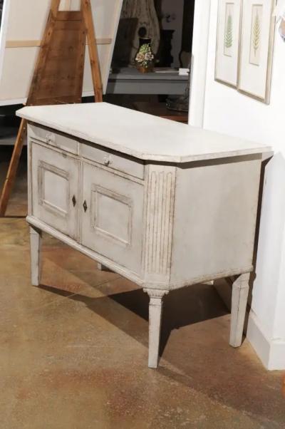 Swedish 1890 Painted Sideboard with Two Drawers Two Doors and Fluted Side Posts