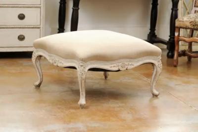 Swedish 19th Century Rococo Style Painted Upholstered Stool with Carved Shells