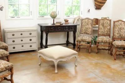 Swedish 19th Century Rococo Style Painted Upholstered Stool with Carved Shells