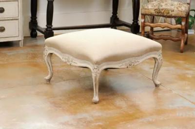 Swedish 19th Century Rococo Style Painted Upholstered Stool with Carved Shells